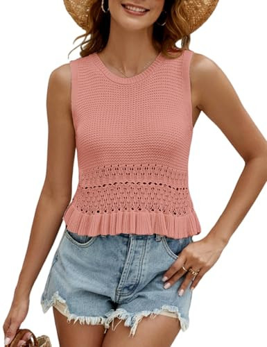 VIMPUNEC Womens Summer Crop Tank Tops Cute Knit Sweater Vest Crochet Sleeveless Pullover Top Pink S | Amazon (US)