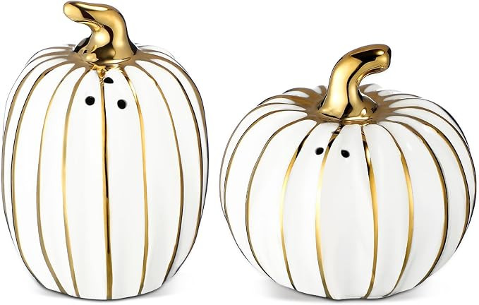 2 Pcs Fall Pumpkin Shaped Salt and Pepper Shakers, Gold White | Amazon (US)