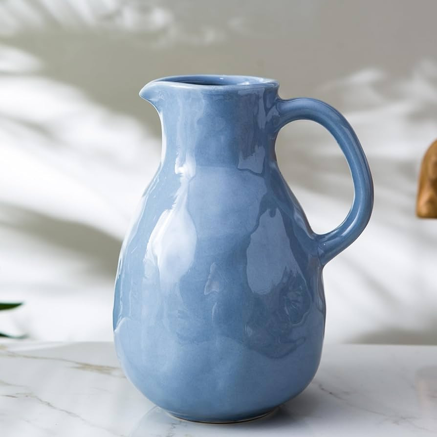 Kimdio Blue Ceramic Vase with Handle, Modern Pitcher Vases for Home Decor, Pottery Decorative Flo... | Amazon (US)