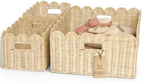 BEBE BASK Handwoven Scalloped Wicker Basket – Rattan Scalloped Basket Set of 3 (17 × 13 × 7 i... | Amazon (US)