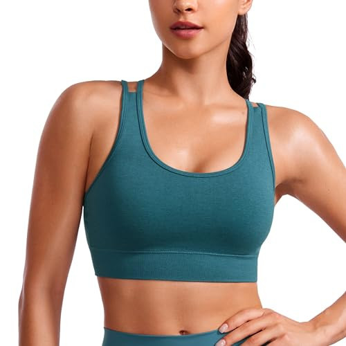 CRZ YOGA Womens Seamless Strappy Longline Sports Bra - Medium Support Scoop Neck Criss Cross Padded Yoga Workout Cami Green Jade X-Large | Amazon (US)
