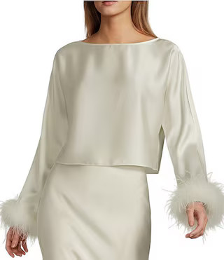 Blyss Drapey Satin Boat Neck Long Sleeve Feather Cuff Blouse | Dillard's