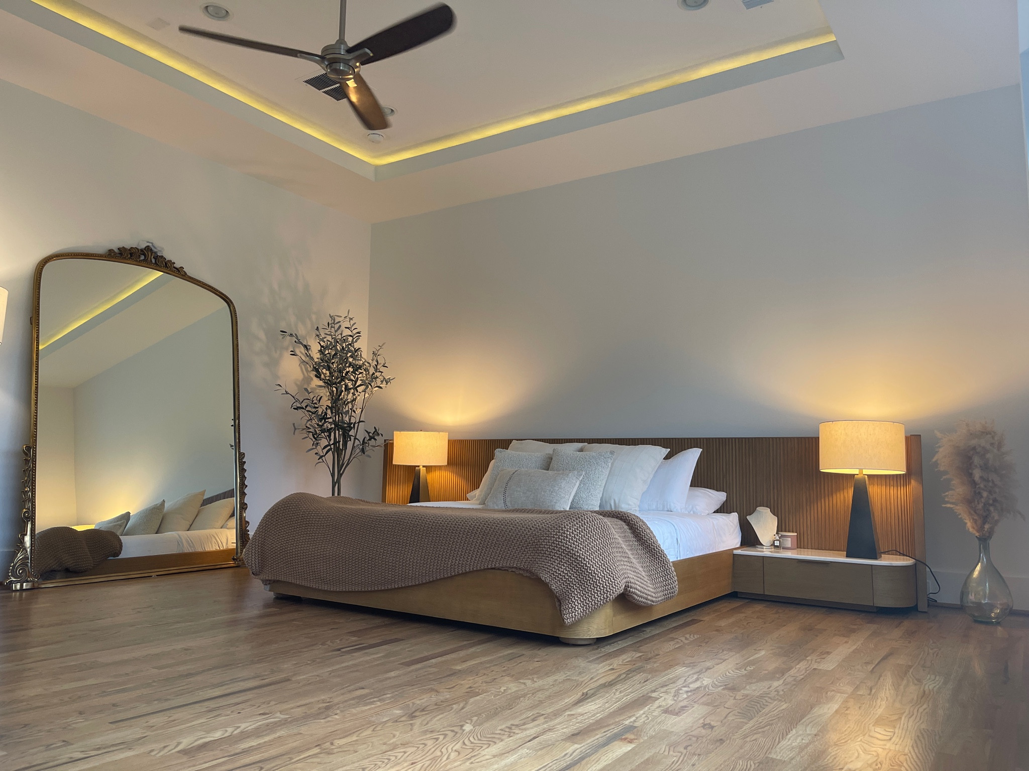 Bedroom furniture/ master bedding / Arhaus bed / Anthropologie mirror/ faux olive tree / King bed throw blanket from Target 

#LTKhome #LTKfamily