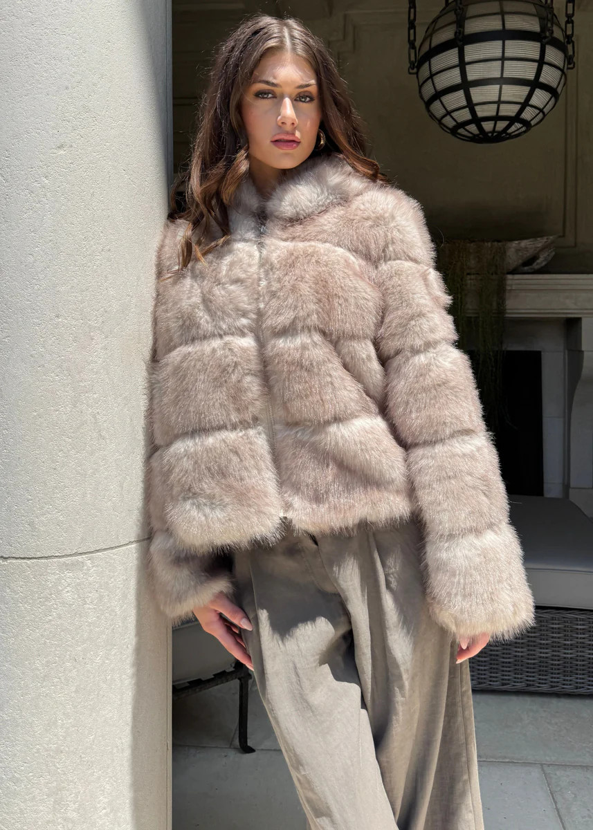 Marcella Puffer Style Faux Fur Hooded Zip Up Jacket - Light Brown | Benaar La