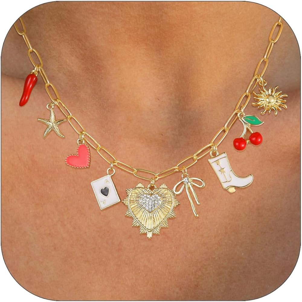 Charm Necklace For Women Shell Heart Necklaces Gold Chunky Pendant Paperclip Chain Boho Summer Se... | Amazon (US)