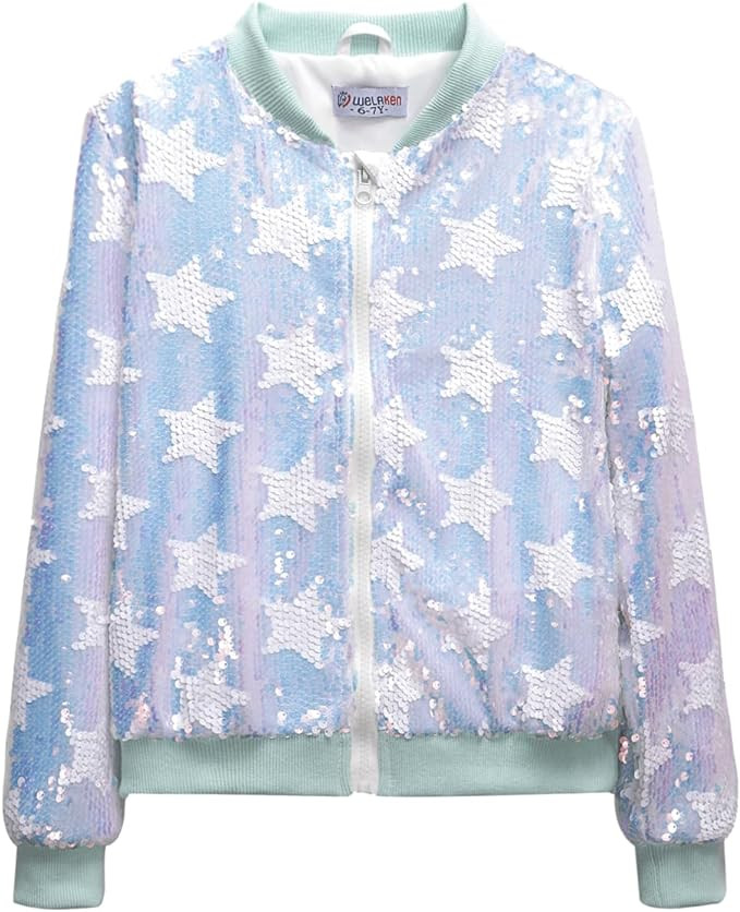 WELAKEN Girls' Ombre Sequin Bomber Jacket with Pockets Lightweight Sparkle Long Sleeve Zipper Gra... | Amazon (US)