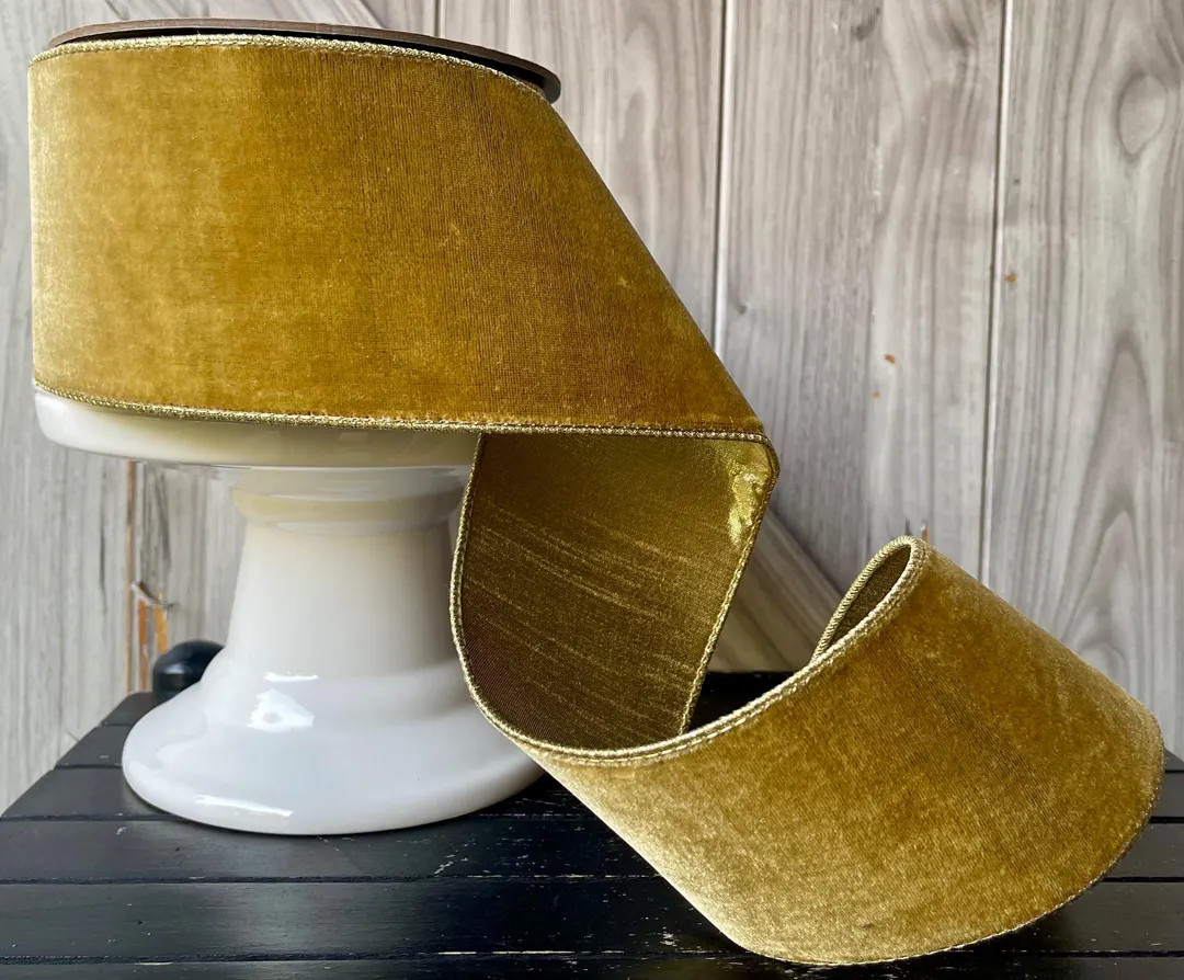 Gold Lushvelvet Metallic Gold Fused Back D Stevens Wired Ribbon, 4 Inch, 10 Yards - Etsy | Etsy (US)
