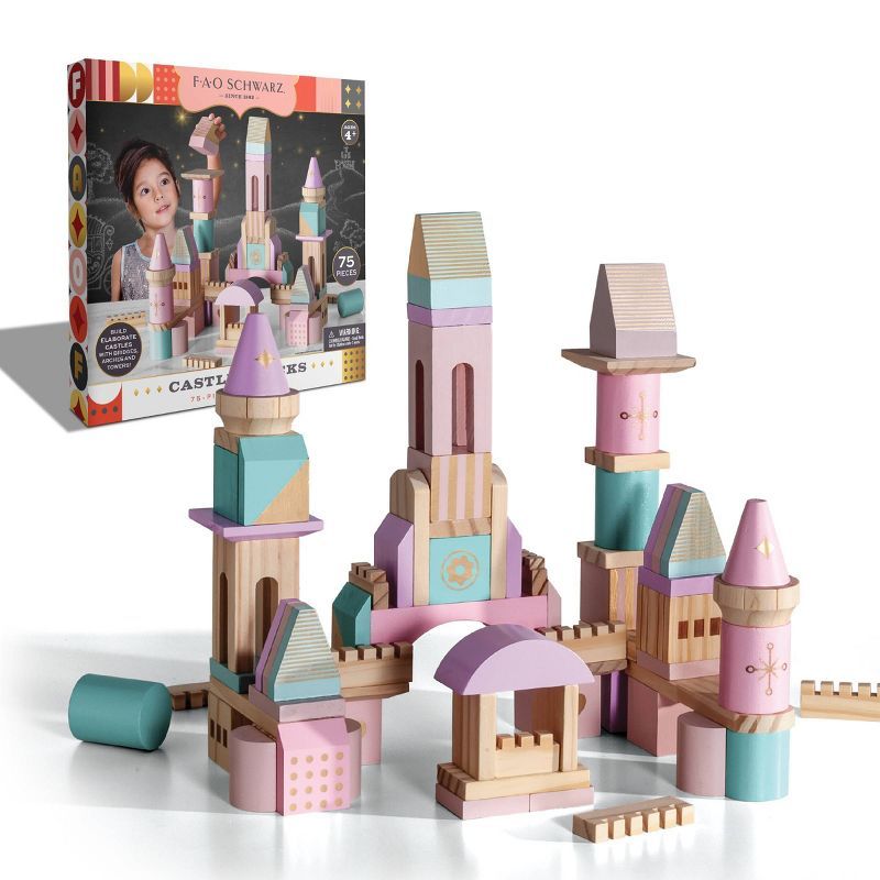 FAO Schwarz Medieval Princesses Wooden Castle Building Blocks Set - 75pc | Target