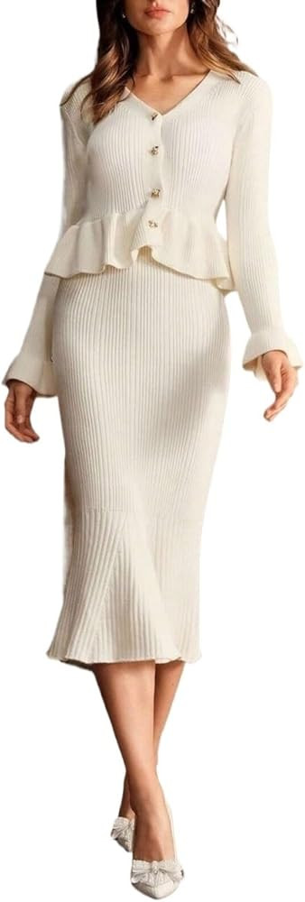 Women Fall Winter Elegant Ruffle Trim Knit Dress for Sweater Dress | Amazon (US)