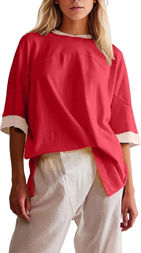 Anoumcy Cotton Color Block Oversized T Shirt for Women Casual Crew Neck Short Sleeve Tee Shirts f... | Amazon (US)