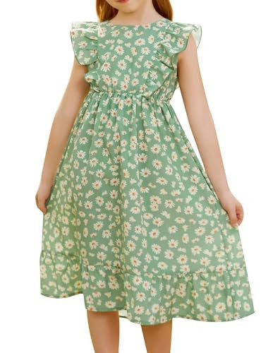 GRACE KARIN Girls Spring Dress Ruffle Sleeve Crewneck Daisy Print Easter Dress for Girls 10Y, Green | Amazon (US)