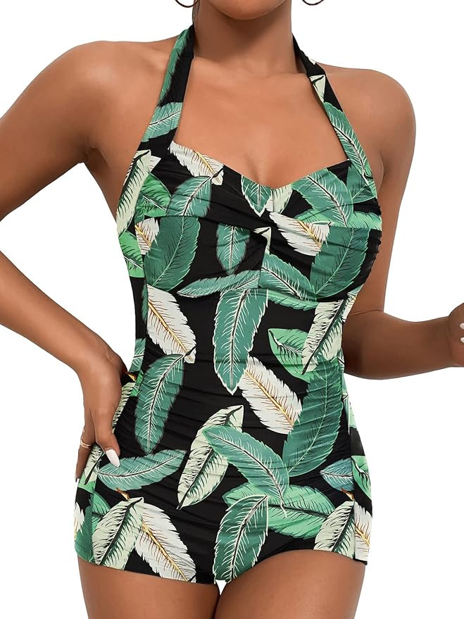 Women's Retro Tummy Control Swimsuits Halter One Piece Slimming Swimwear,Vintage Boyshorts Ruched... | Amazon (US)