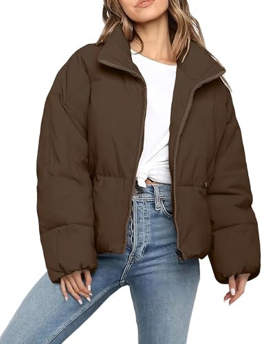 WHN Women Puffer Jacket Coat Winter Quilted Outerwear 2025 Trendy Long Sleeve Puffy Warm Casual Outfit Brown S | Amazon (US)