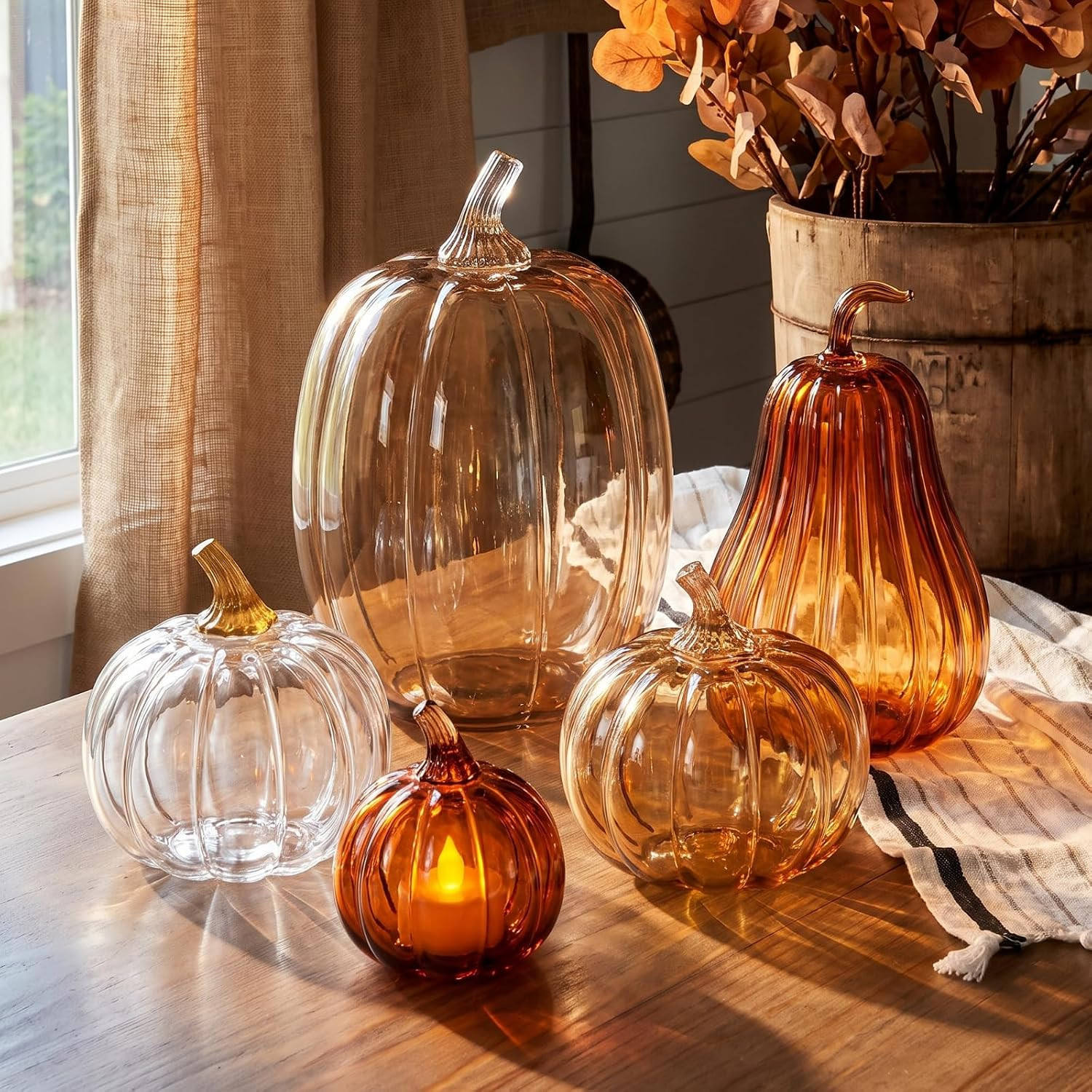 SiliFine 5 Pcs Hand Blown Glass Pumpkin Decor Lamp Luxurious Fall Figurine Collectible Rustic Harvest Autumn Decoration Thanksgiving Table Centerpiece for Halloween Mantel Home Decor Fall Tabletop | Amazon (US)