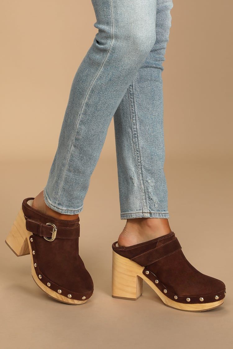 Hilde Brown Suede Leather Studded Clogs | Lulus (US)
