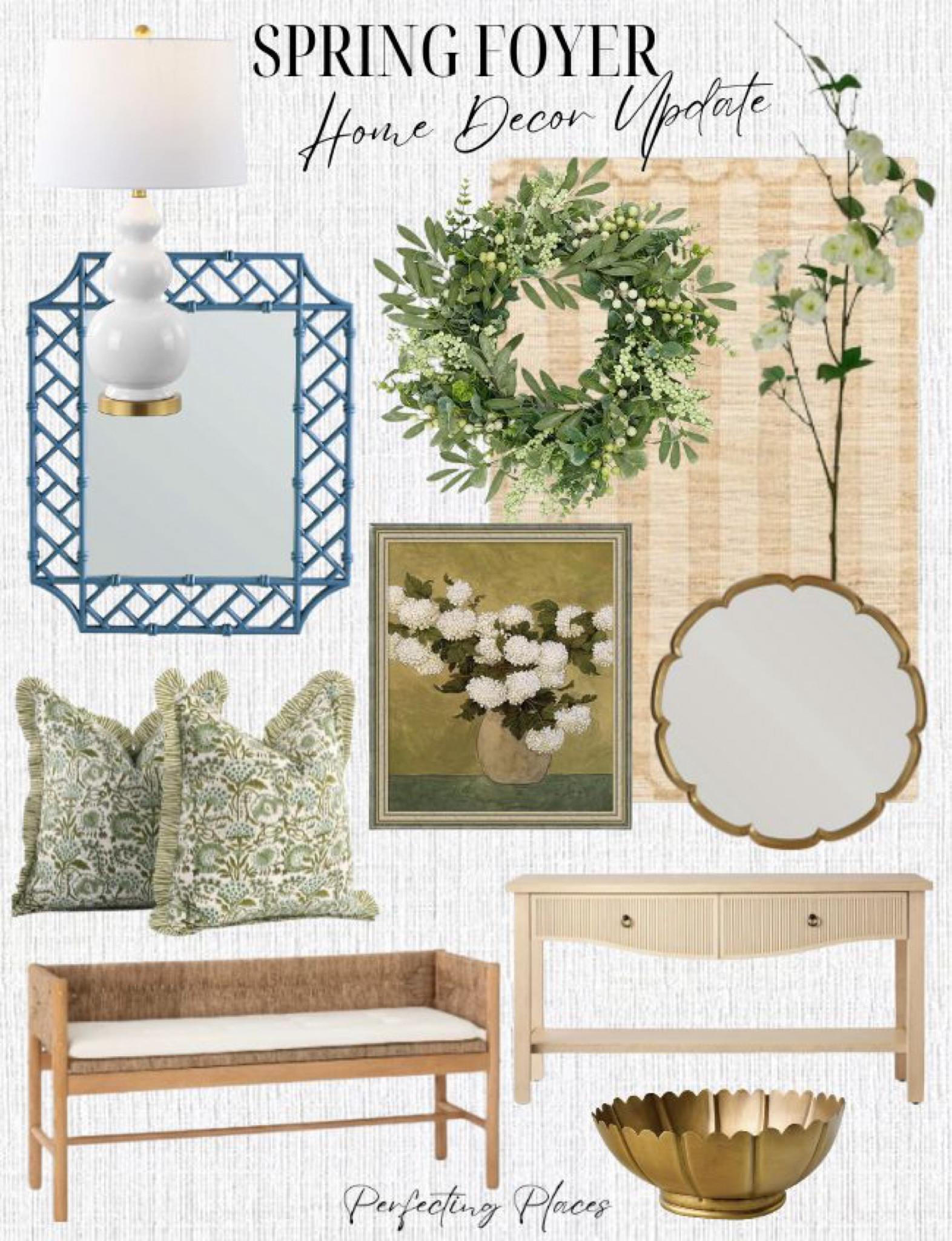 Does your foyer need a little spring refresh? These pretty blue and green decor finds are the perfect touch. White ceramic gourd lamp, jute rug, Threshold Designed by Studio McGee, spring wreath, Ballard Designs blue mirror, round brass scalloped mirror, Pottery Barn Viburnum Snowball Art, Agate ruffle green block print pillows, Threshold wood bench, Target, Elder 60” console table

#LTKHome #LTKStyleTip