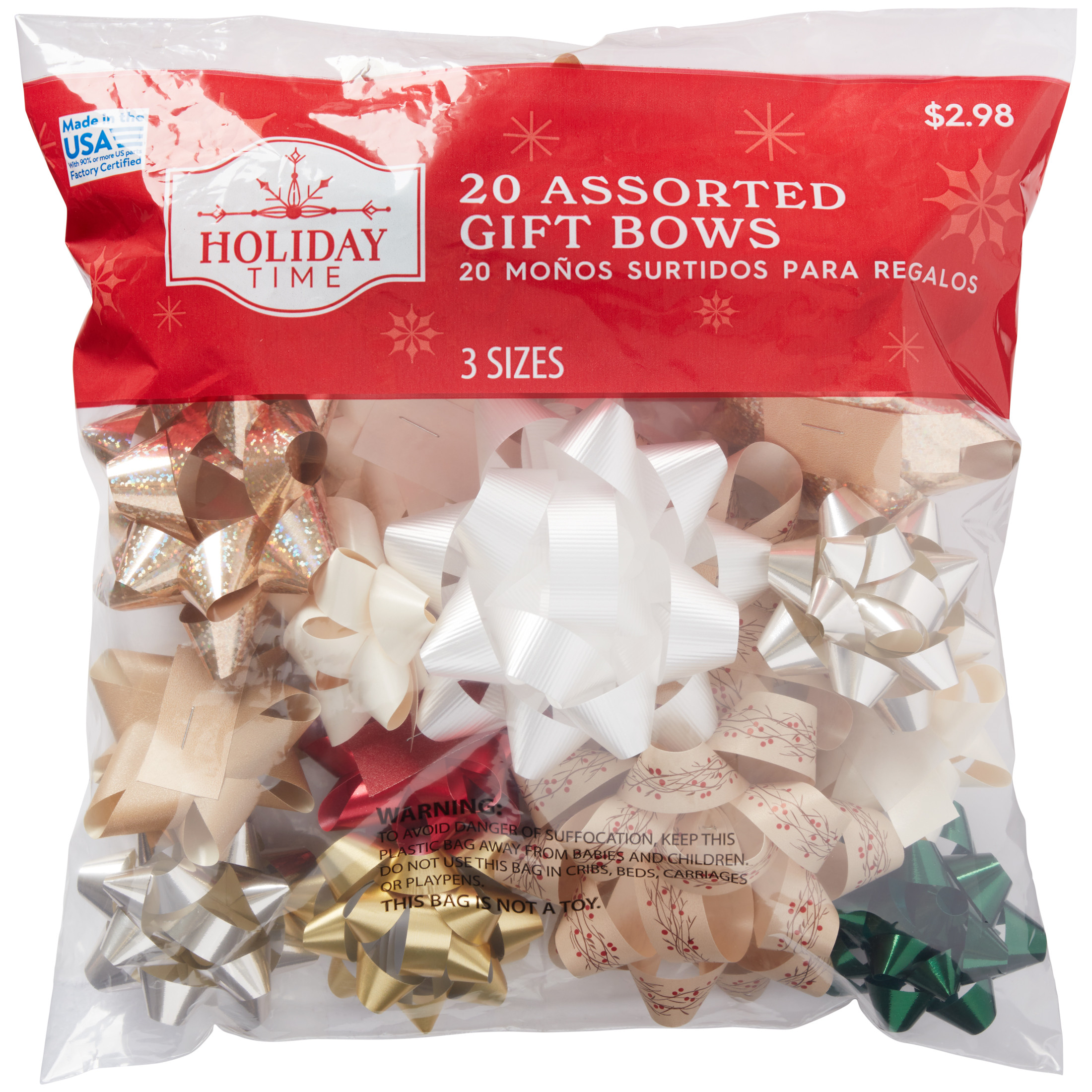 Festive Fireside Gift Bows, Christmas, Silver, Gold, White, Various Sizes, Polypropylene, 20 Coun... | Walmart (US)