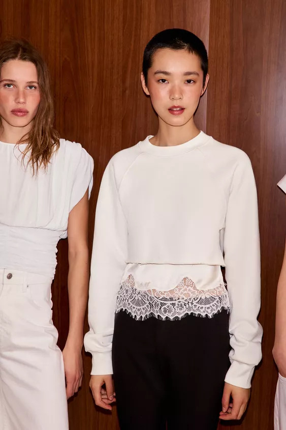 CROPPED SWEATSHIRT WITH LACE TRIM | Zara UK