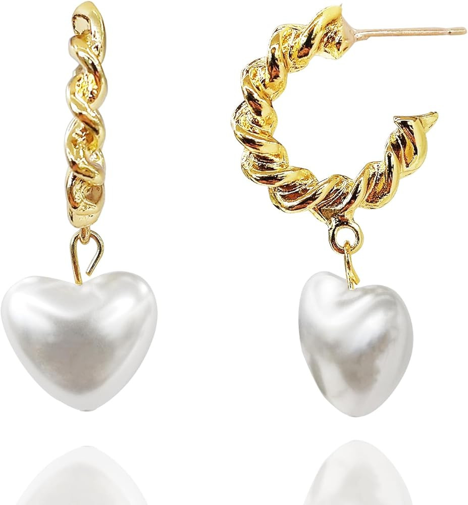 Amazon.com: Heart Earrings for Women Pearl Heart Earrings Dangle, Heart Huggie Hoop Earrings Vint... | Amazon (US)