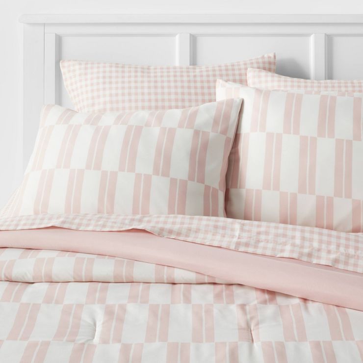 Dash Stripe Printed Microfiber Reversible Comforter & Sheets Set Ivory/Light Pink - Room Essentia... | Target