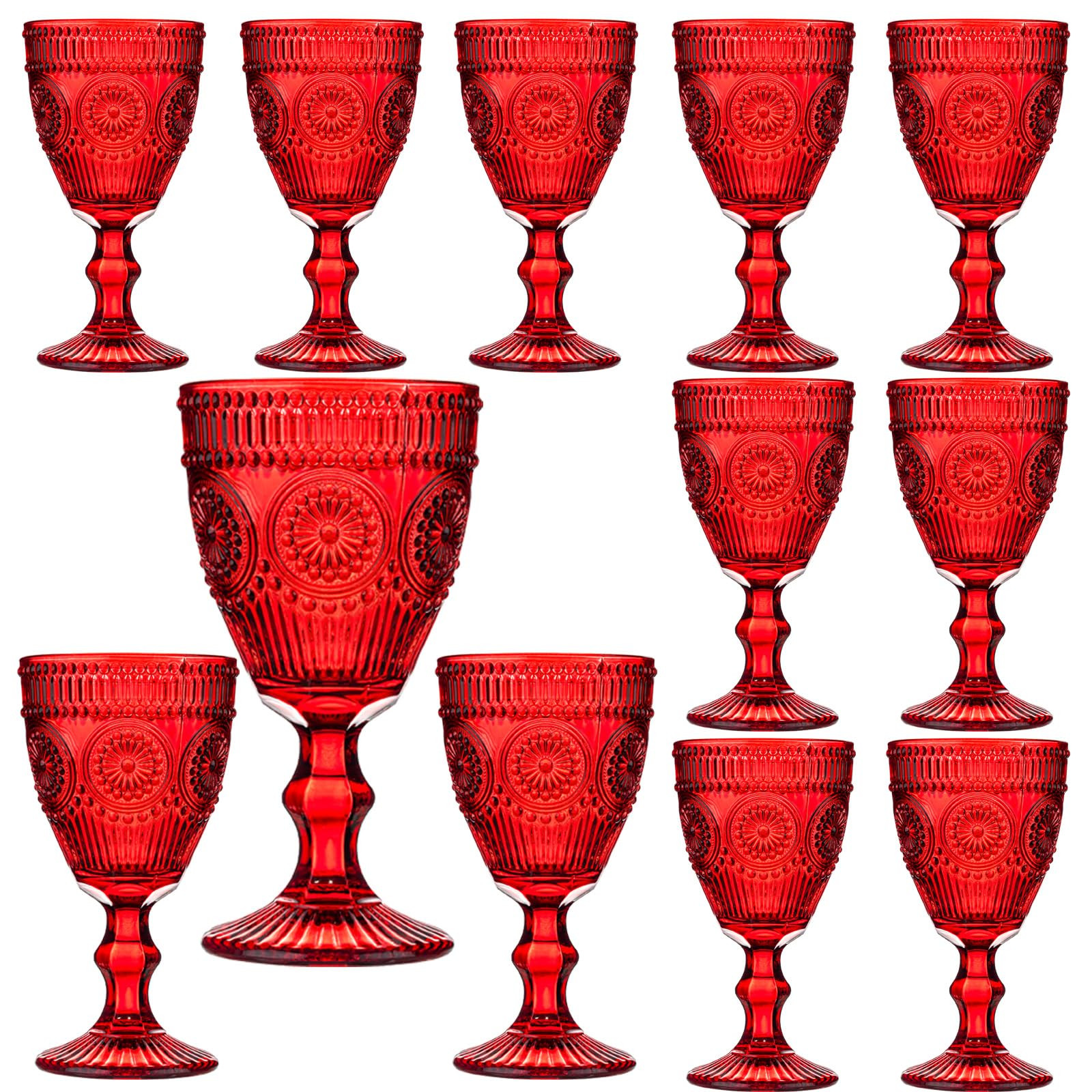 12 Pcs Red Vintage Wine Glasses Set, 10 Ounces Colored Glass Water Goblets, Unique Floral Embosse... | Amazon (US)