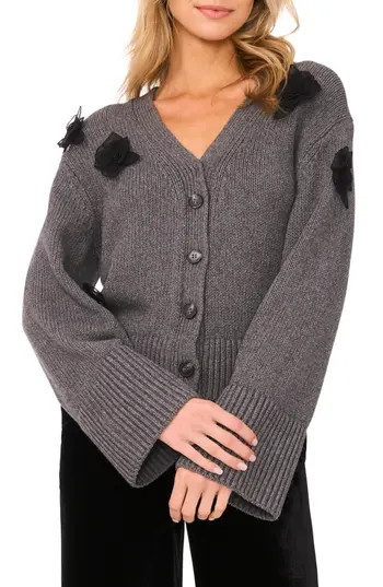 Ted Baker Mesh Floral Appliqué Cardigan in Medium Heather Grey at Nordstrom Rack, Size Small | Nordstrom Rack
