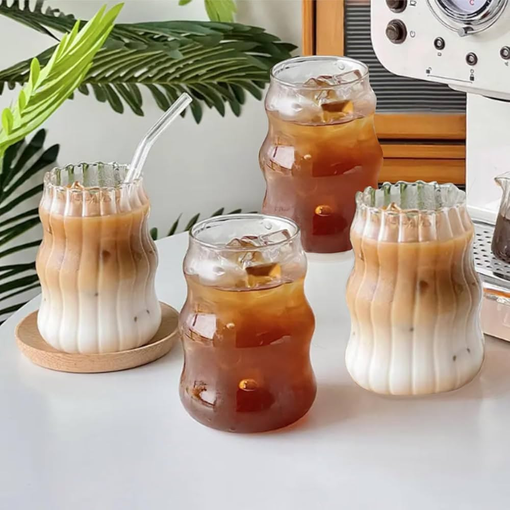 Ribbed Glassware Set- 4 Pack- Iced Coffee Cups- Bubble Glasses Drinking Set for Hot or Cold Bever... | Amazon (US)