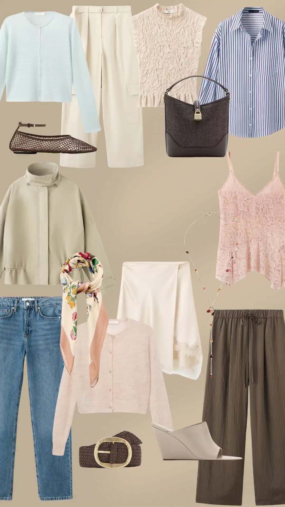 Mango spring styles. Style inspiration. Wardrobe. Spring staples. Lace top. Cargo pant. Mesh ballet flats. Blouse. Lace skirt. Cardigan. Textured top. Pale pink. Satin floral scarf. Wedges. 

#LTKSpringSale #LTKSaleAlert #LTKSeasonal