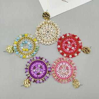Spring Summer New Bohemian Style Handmade Braided Circular Textured Earrings Crystal & Rice Bead ... | SHEIN