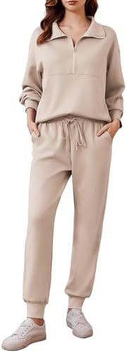 PINSPARK 2 Piece Sets for Women 2025 Fall Travel Outfits Long Sleeve Tracksuit Joggers Sets Half ... | Amazon (US)