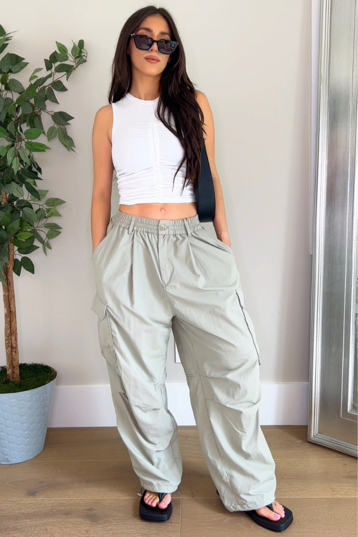Parachute pants tank top and slide chunky sandals 