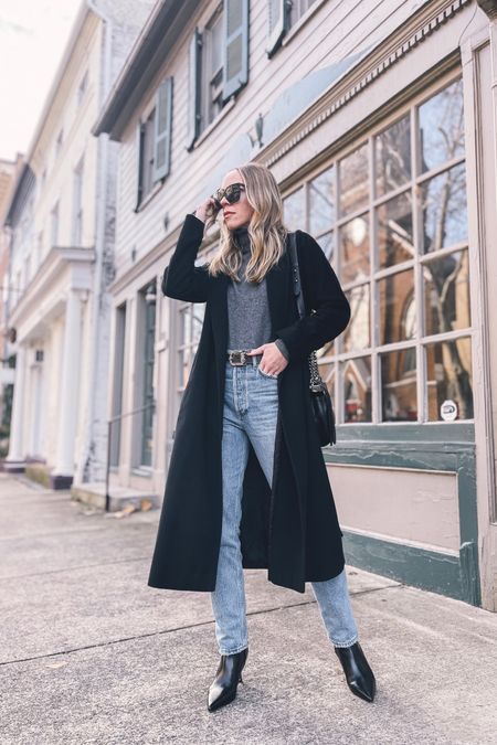 Black wrap coat, winter outfit, AGOLDE Fen jeans, black leather booties, classic style 

#LTKshoecrush #LTKstyletip #LTKSeasonal