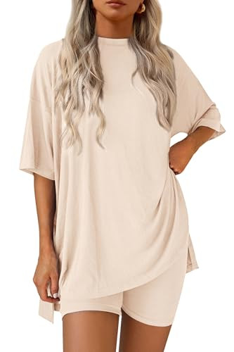 PRETTYGARDEN Women's Two Piece Lounge Set 2025 Summer Casual Oversized Shirts Biker Shorts Matching Airport Travel Outfit (Beige,X-Large) | Amazon (US)