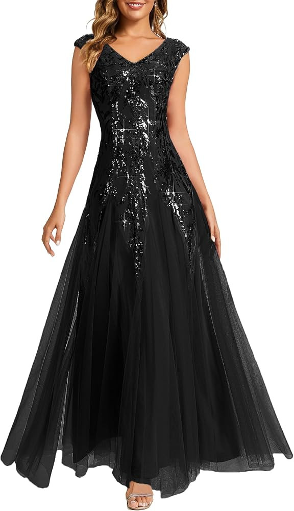 Ever-Pretty Women's Sequin V-Neck Formal Evening Dresses Cap Sleeves Ball Gowns Prom Dress 02559 | Amazon (US)