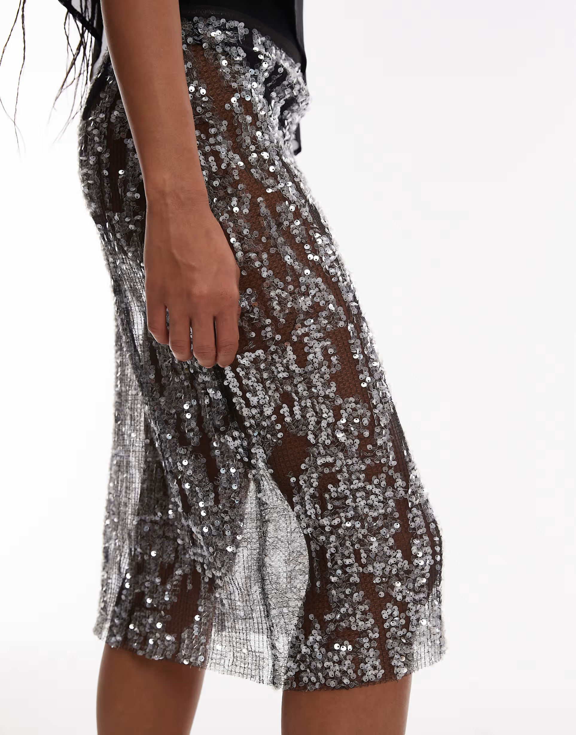 ASOS DESIGN sheer sequin mesh knee length midi skirt in black | ASOS (Global)