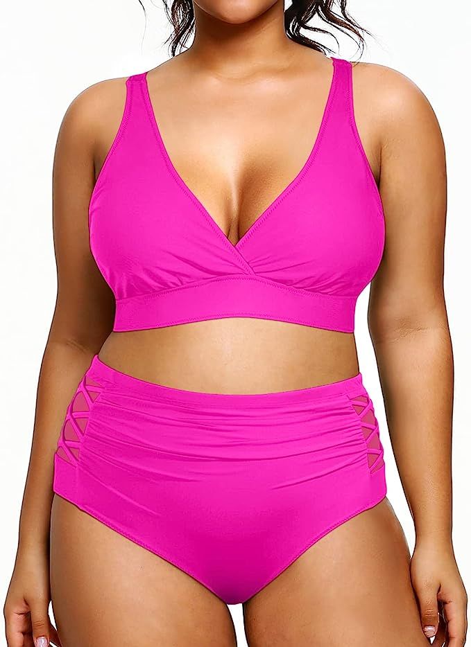 Yonique Womens Plus Size Bikini High Waisted Swimsuits Two Piece Bathing Suits Tummy Control Swim... | Amazon (US)