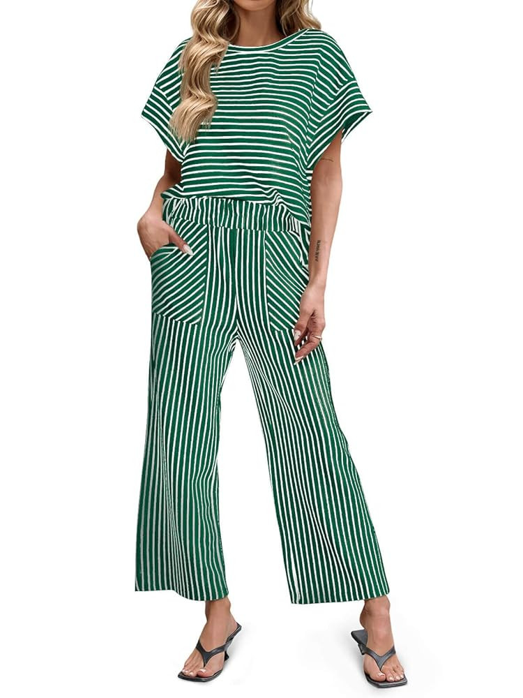 Tankaneo Womens Striped 2 Piece Sets Short Sleeve T Shirts Wide Leg Pants Matching Lounge Set wit... | Amazon (US)