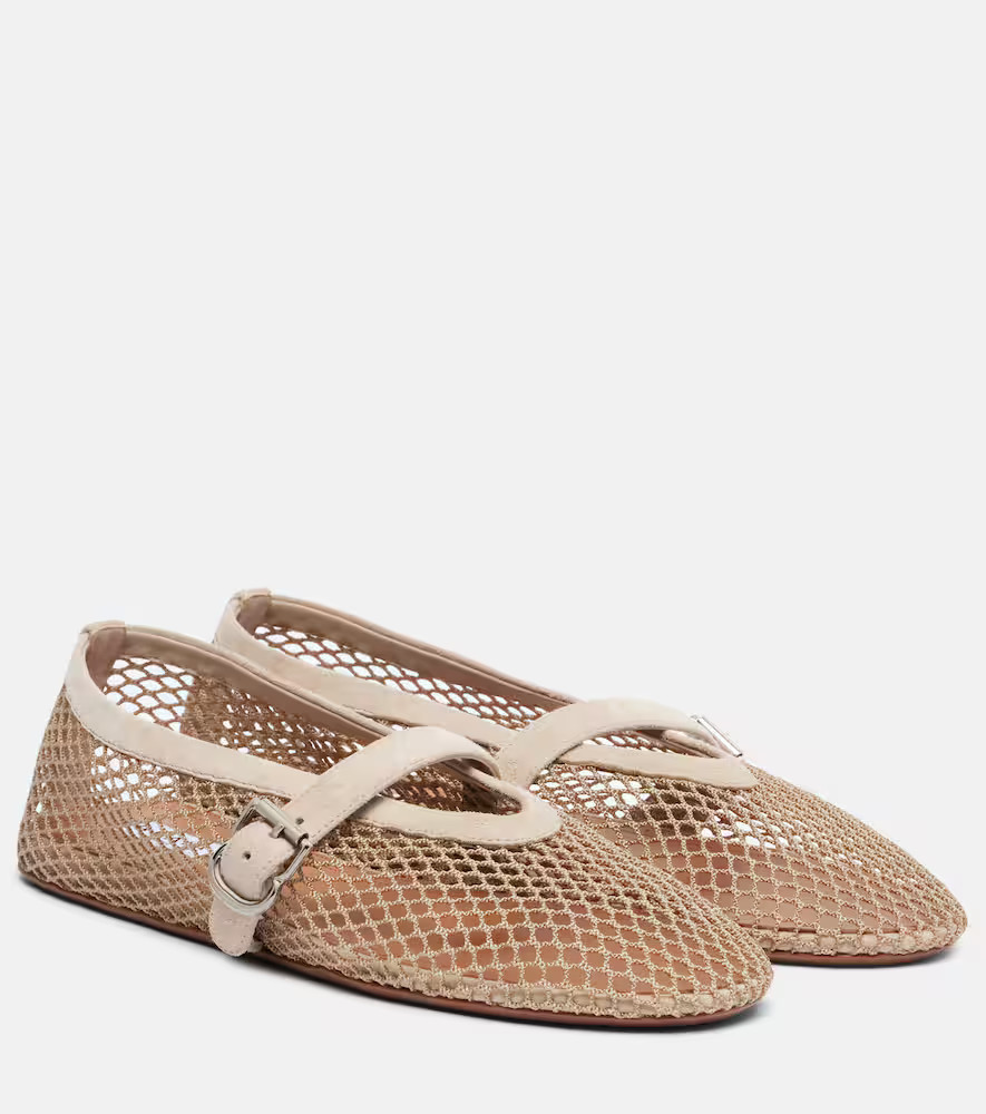 Alaia Suede-trimmed fishnet ballet flats | Mytheresa (UK)