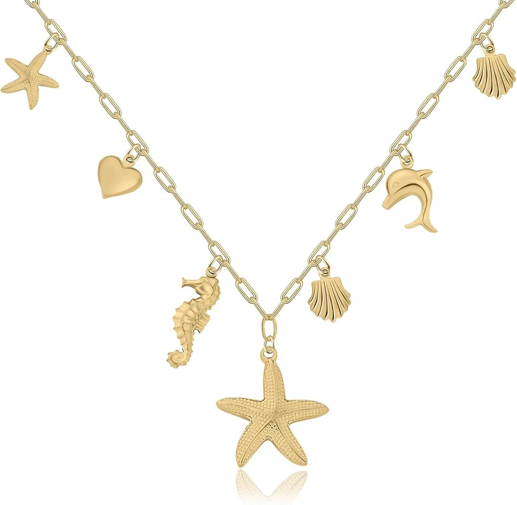 Chunky Gold Necklace Statement Shell Starfish Turquoise Dolphin Charm Choker Boho Beach Ocean Sum... | Amazon (US)