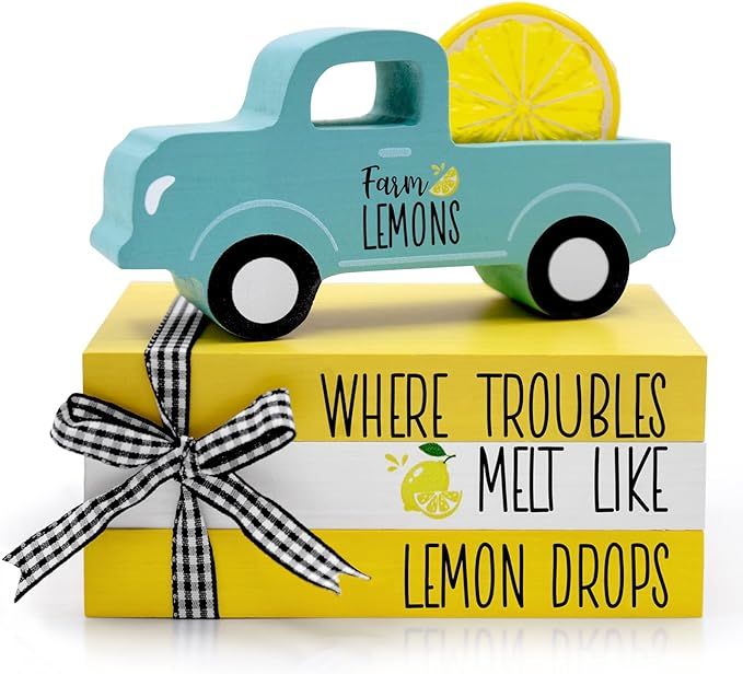 Lemon Books Bundle with Truck Summer Wooden Tiered Tray Decor Yellow Faux Lemon Drops Decorative ... | Amazon (US)