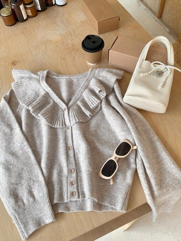 DAZY Women's Autumn Ruffled Collar Knit Cardigan Sweater,Long Sleeve Tops | SHEIN