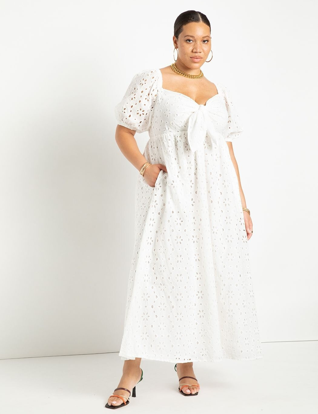 Eyelet Tie Front Full Skirted Maxi Dress | Women's Plus Size Dresses | ELOQUII | Eloquii