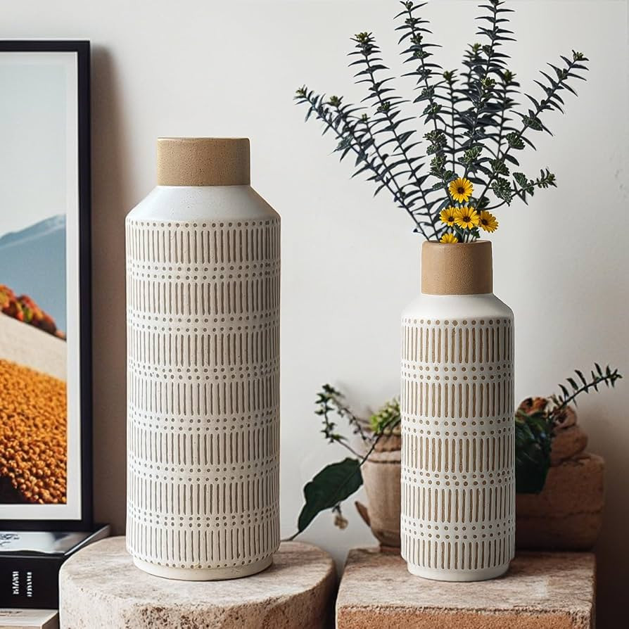 Rustic Ceramic Vase Set of 2 for Living Room Bedroom 15.75'' and 11.02'' Farmhouse Flower Bouquet... | Amazon (US)