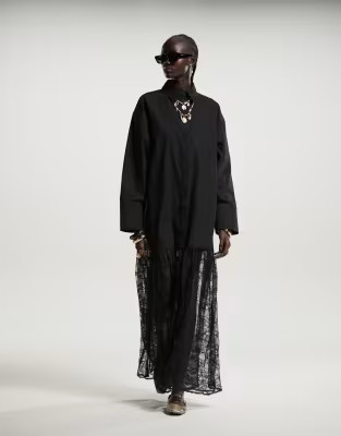 ASOS DESIGN 2 in 1 shirt maxi dress with lace skirt in black | ASOS | ASOS (Global)