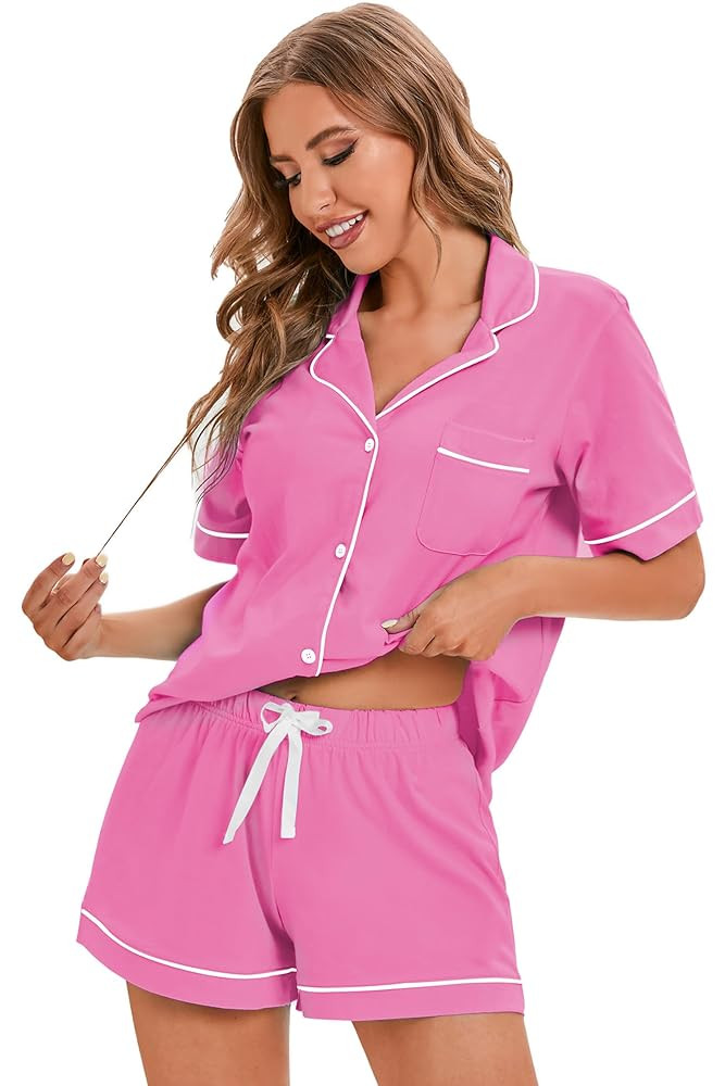 LUBOT 100% Cotton Pajamas for Women 2 Piece PJ Set Button-Down Soft Knit Short Sleeve Summer Slee... | Amazon (US)