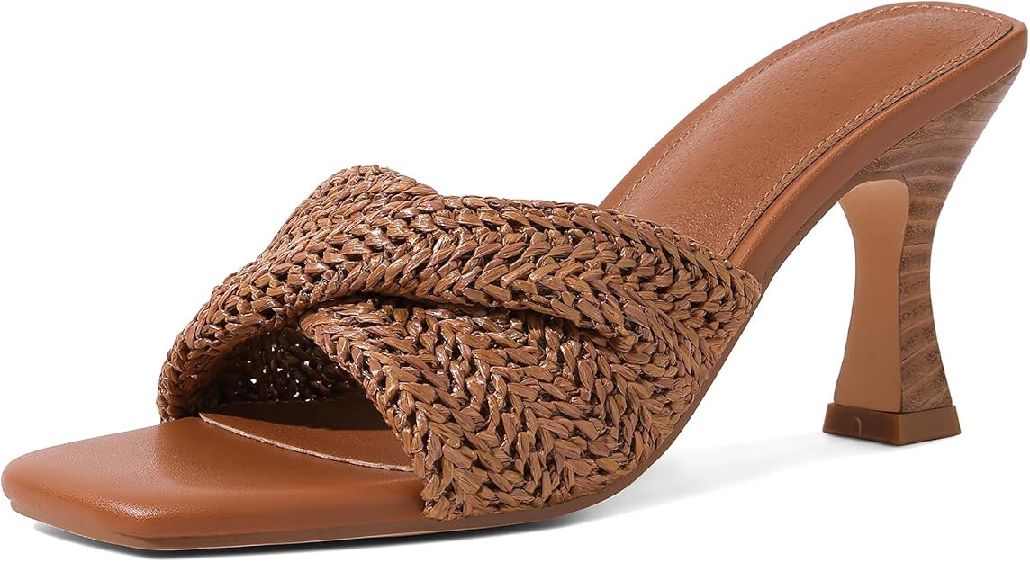 Marc Ford Raffia Heeled Sandals for Women Stiletto Mule Heels Open Square Toe Braided Backless Sl... | Amazon (US)