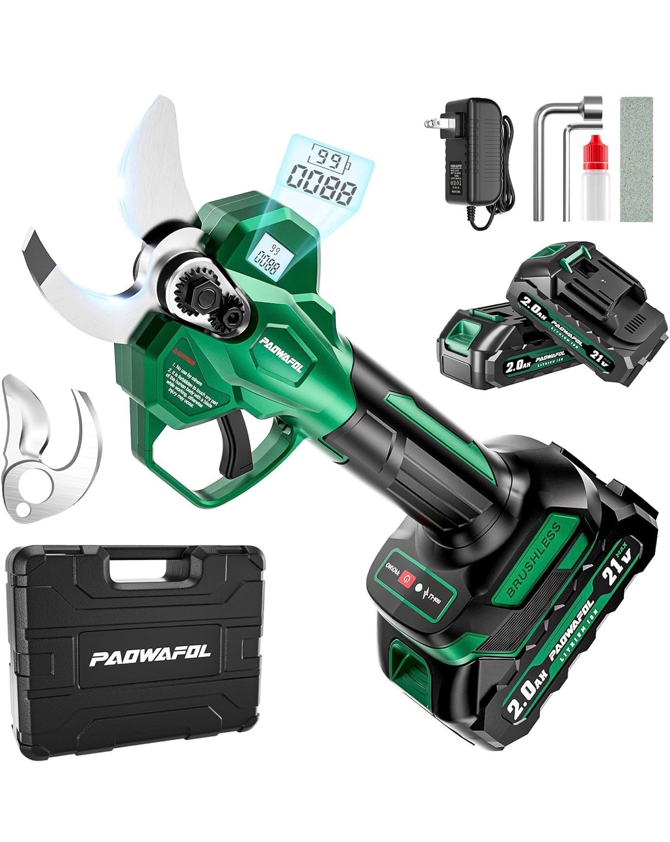 Electric Pruning Shears, 1.6 inch (41mm) Cutting Diameter Cordless Electric Scissors with LCD Display, 21V Brushless Motor Branch Cutter with 2 PCS Rechargeable 2000mAh Batteries & 2 Blade