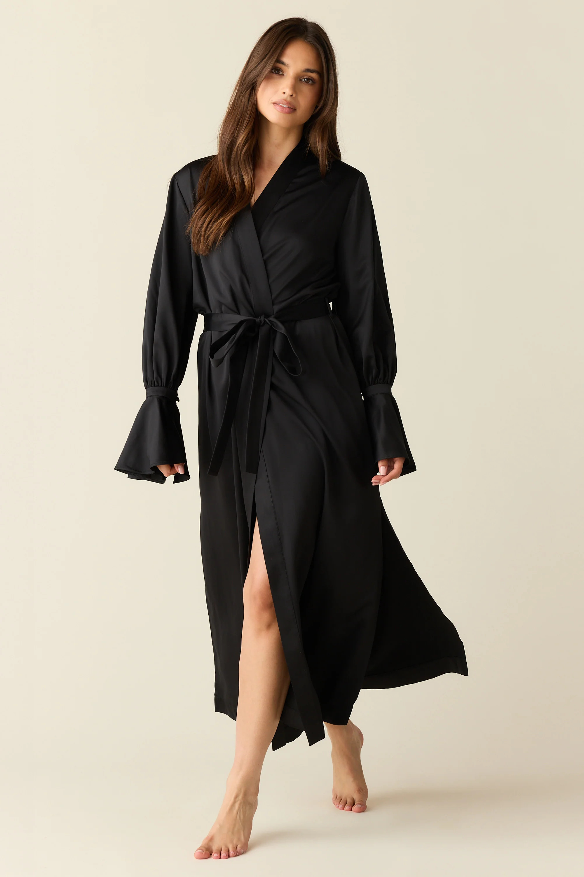 Juliette Luxe Satin Cuff Robe in Black | MASONgrey