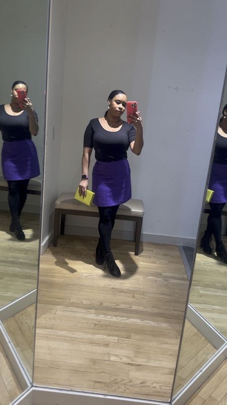 Cute outfit to wear to work 💜🖤 purple a-line tweed skirt (I’m wearing petite size), and a Modern Seamless Scoop Neck Tee in black (size M/L) fits true to size. I paired it with black tights, black boots with a green clutch. Everyone loved my outfit today. Check it out on Ann Taylor. Work outfits, skirts, business casual, what to wear for work, professional looks, petite styles.

#LTKworkwear #LTKSpringSale