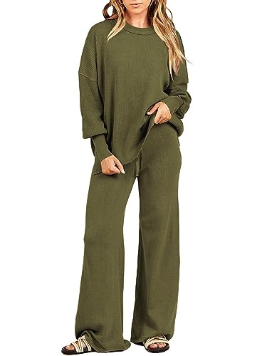 ANRABESS Womens 2 Piece Outfits Fall Lounge Set 2025 Oversized Chunky Knit Sweater Top Wide Leg P... | Amazon (US)
